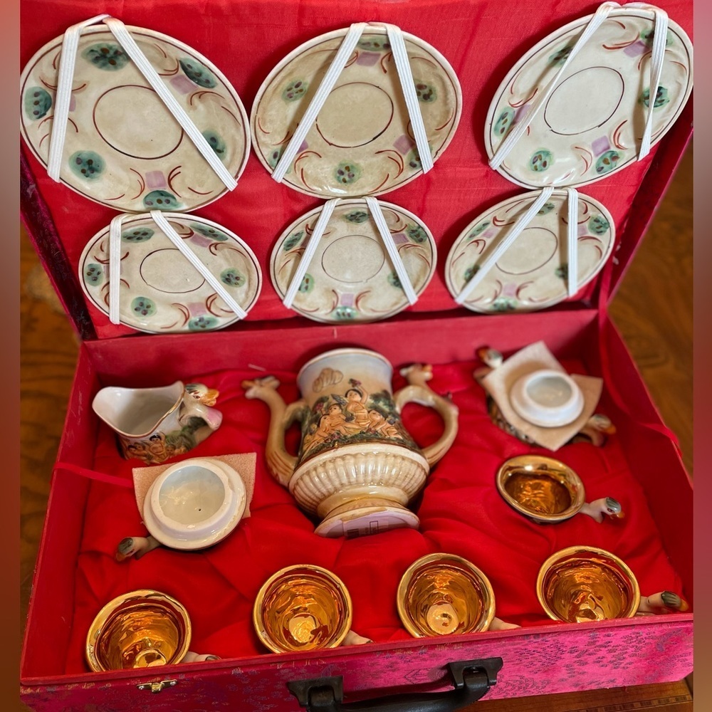 Vintage EB R. Capodimonte Tea Set, Gold Gilt Cherub Italian Porcelain, 17 Piece